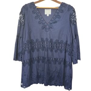 Sail to Sable STS Navy Blue Eyelet Lace Bell Sleeve Tunic Top Large Coastal Boho